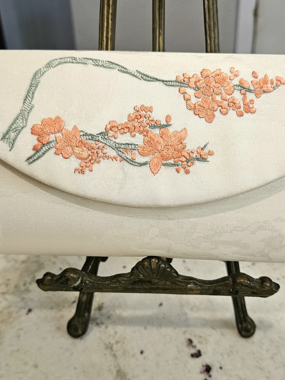 Vintage Ivory Brocade Clutch Purse Peach Floral Embroidery Evening Bridal